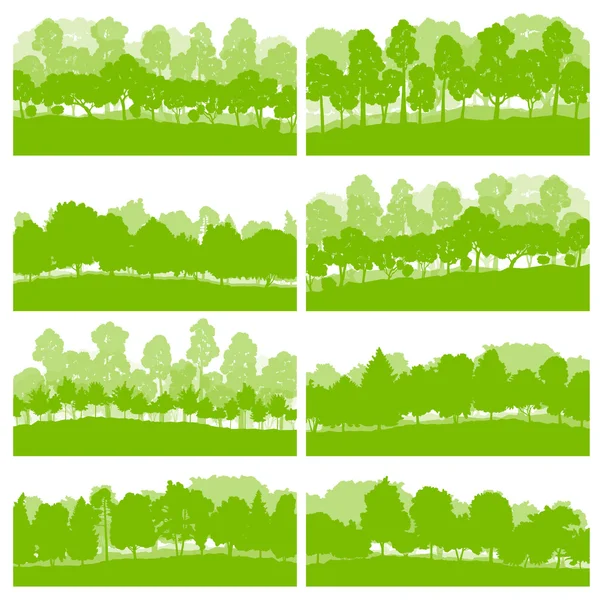 Bosques árboles y arbustos naturaleza salvaje siluetas paisaje illust — Vector de stock