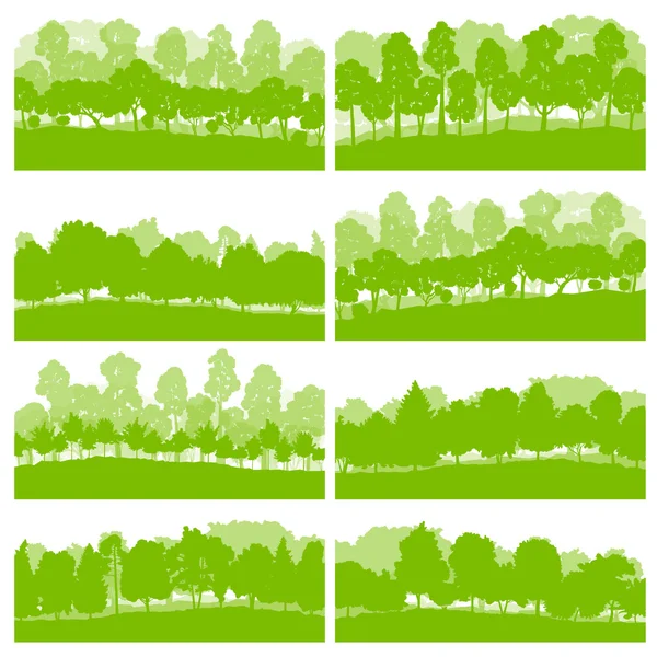 Forest trees and bushes wild nature silhouettes landscape illust