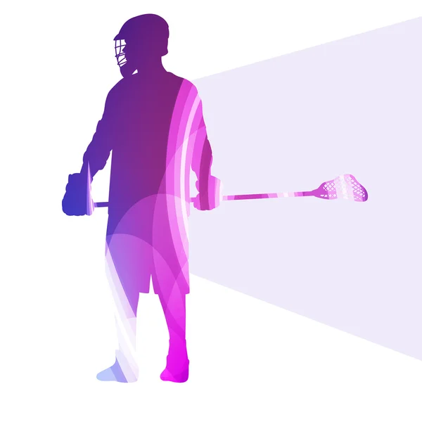 Lacrosse player in protective gear and in action man silhouette — Stock vektor
