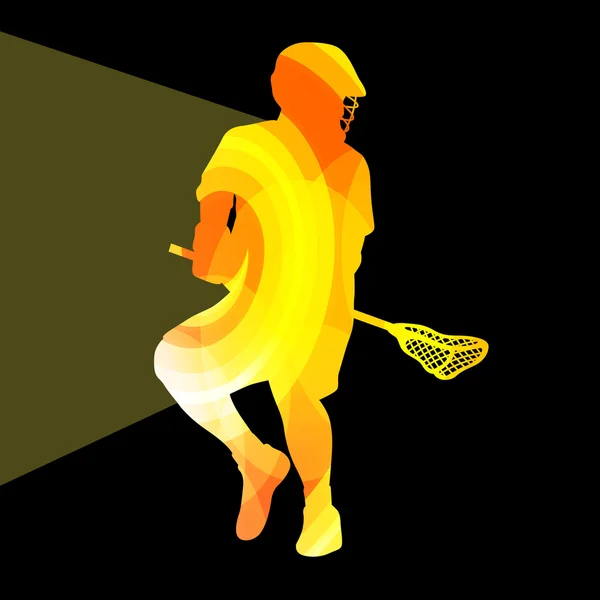 Lacrosse player in protective gear and in action man silhouette — Wektor stockowy