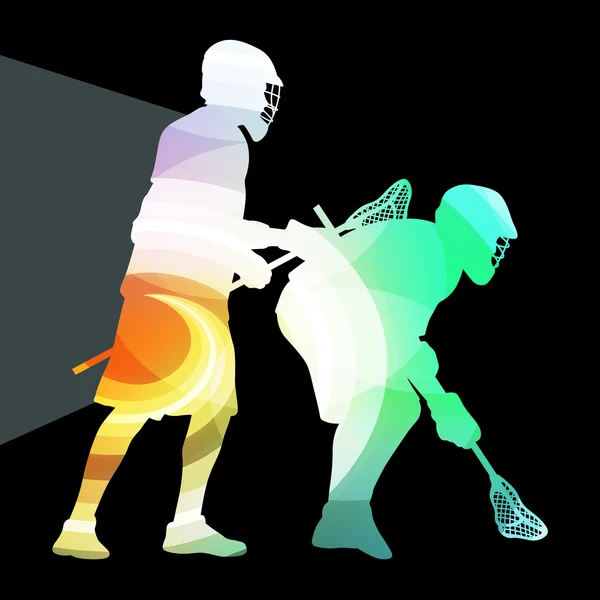 Lacrosse player in protective gear and in action man silhouette — Stock Vector