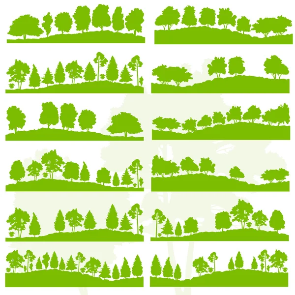 Forest trees and bushes wild nature silhouettes landscape illust — Stock Illustration Forest trees and bushes wild nature silhouettes landscape illust Stock Illustration