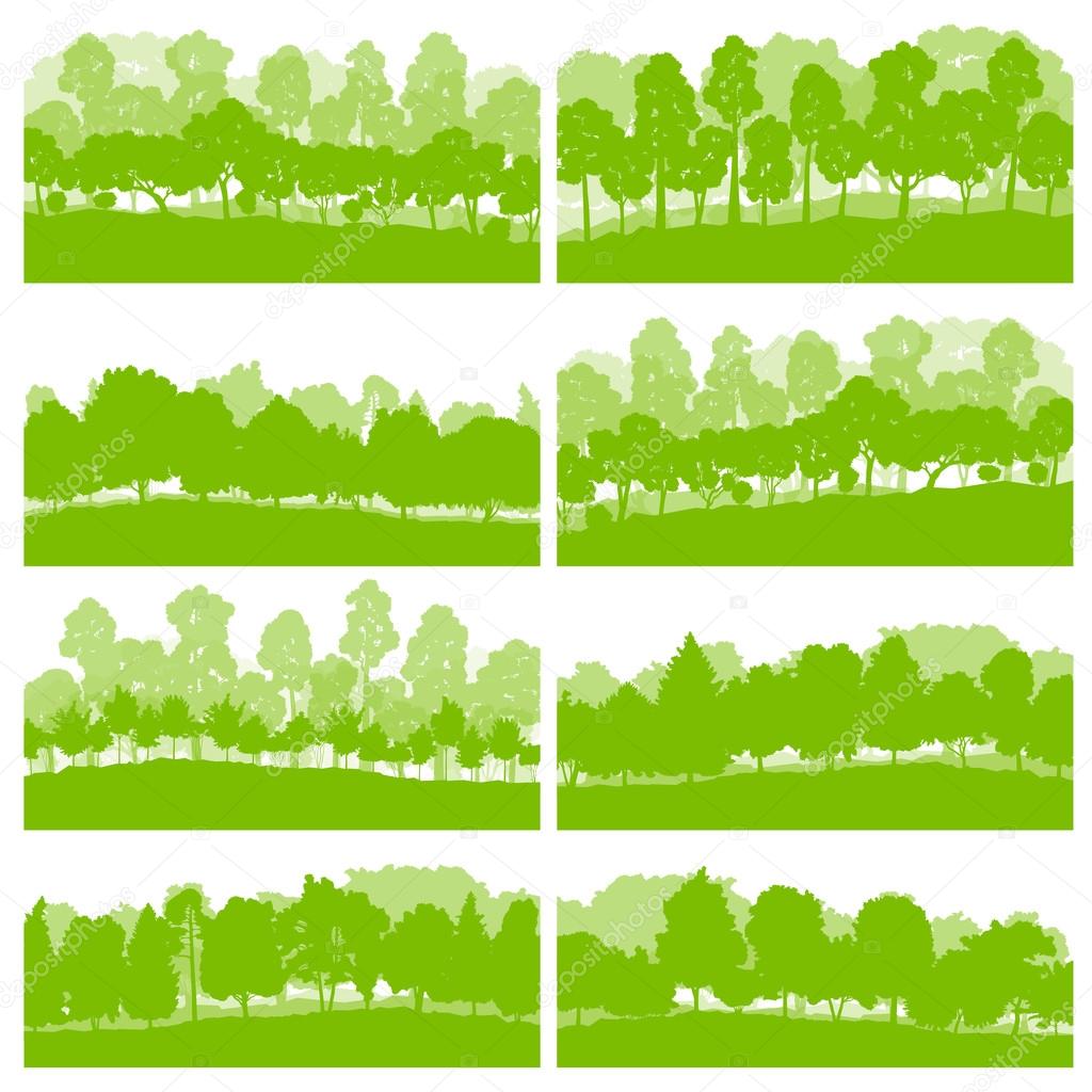 Forest trees and bushes wild nature silhouettes landscape illust