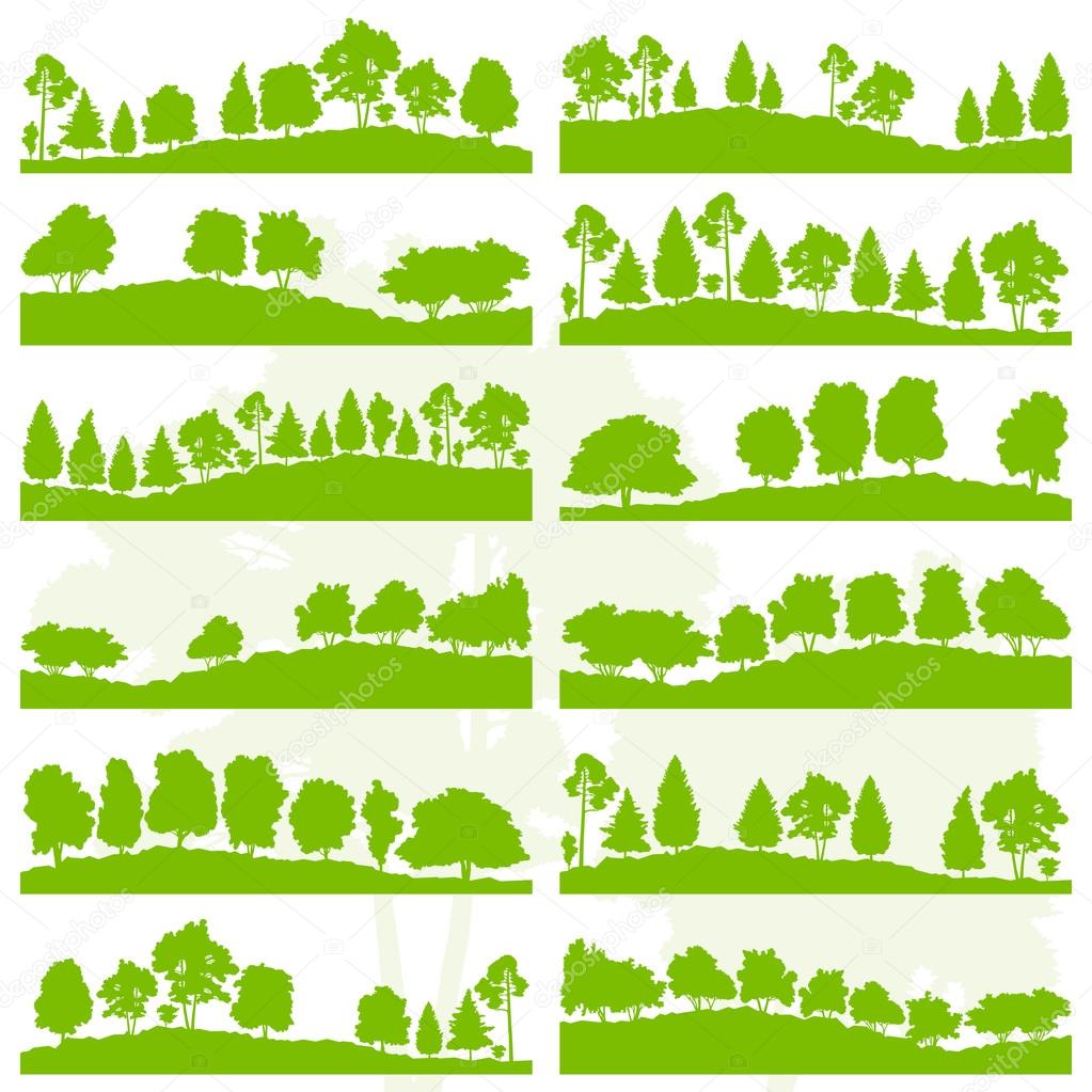 Forest trees and bushes wild nature silhouettes landscape illust