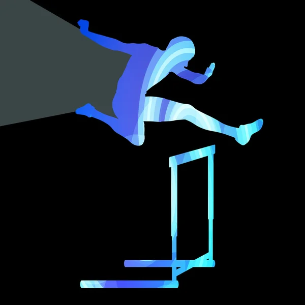 Atleta salto obstáculo, hombre silueta, ilustración, vector bac — Vector de stock