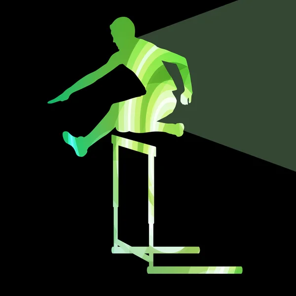 Athlete jumping hurdle, man silhouette, illustration, vector bac — Stock vektor