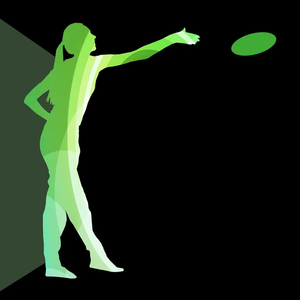 Woman playing throwing flying disc silhouette illustration vecto — Stok Vektör