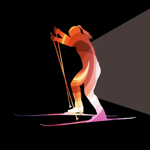 Kvinna på ski silhouette illustration vektor bakgrund färgglada — Stock vektor