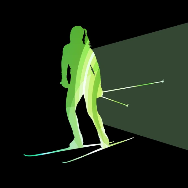 Mujer en la silueta de esquí ilustración vector fondo colorido — Vector de stock
