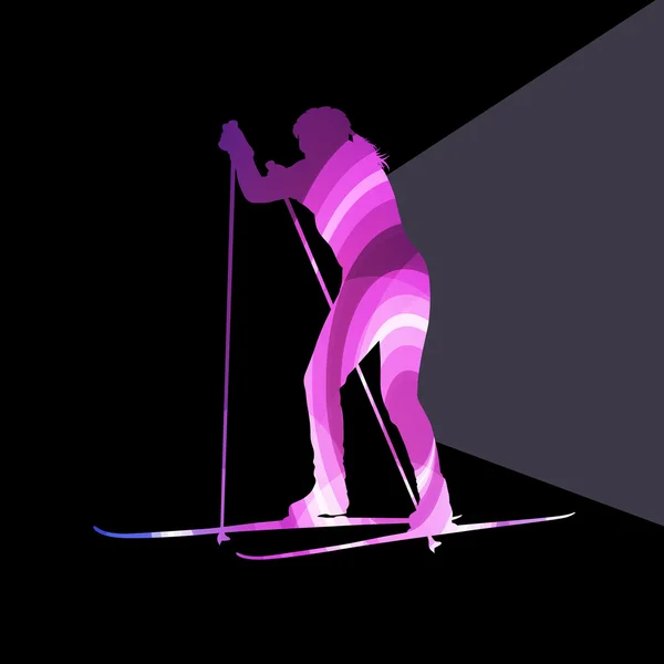 Femme sur ski silhouette illustration vectoriel fond coloré — Image vectorielle