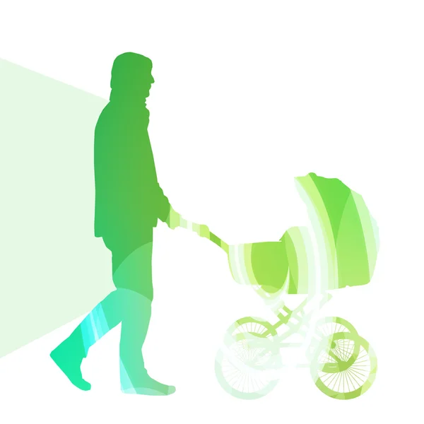 Dad with baby strollers, carriage walking man silhouette illustr — Stockový vektor