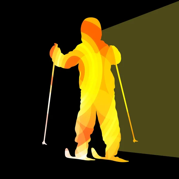 Activo niño esquí silueta ilustración vector fondo colo — Archivo Imágenes Vectoriales