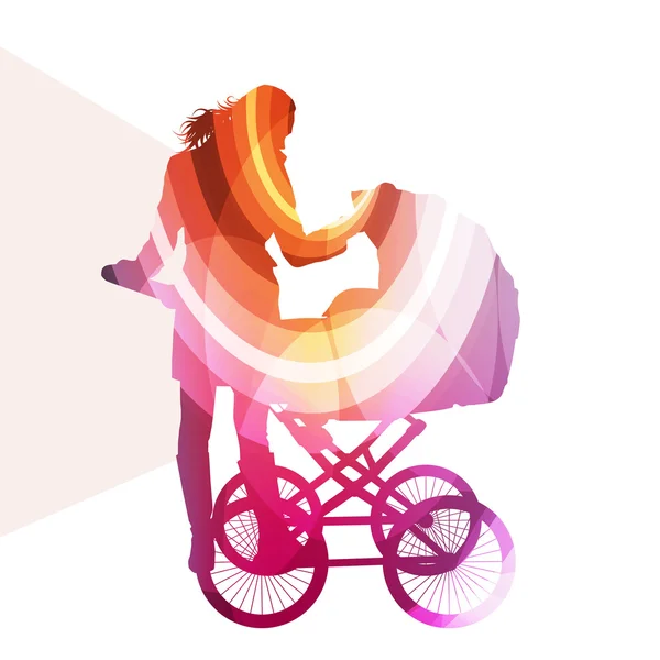 Mère avec poussettes bébé, chariot marche femme silhouette il — Image vectorielle