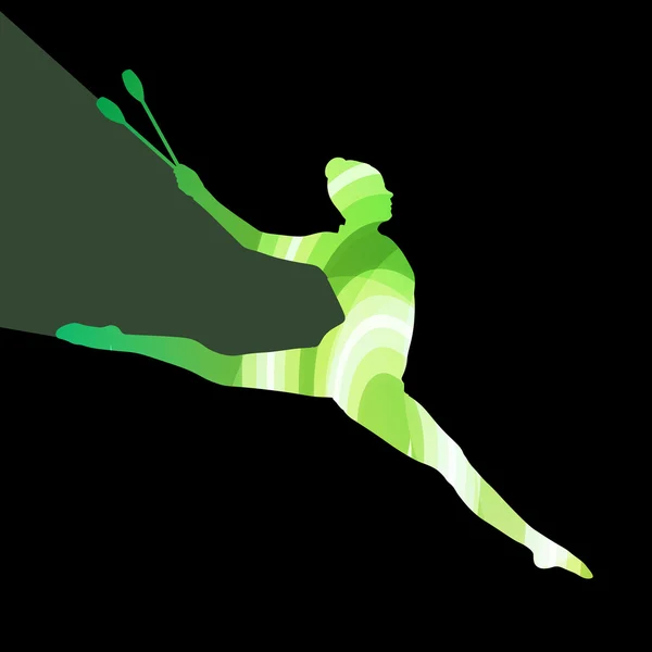 Moderne Rhythmische Sportgymnastik junge Frau mit Keulen in der Akrobatik — Stockvektor