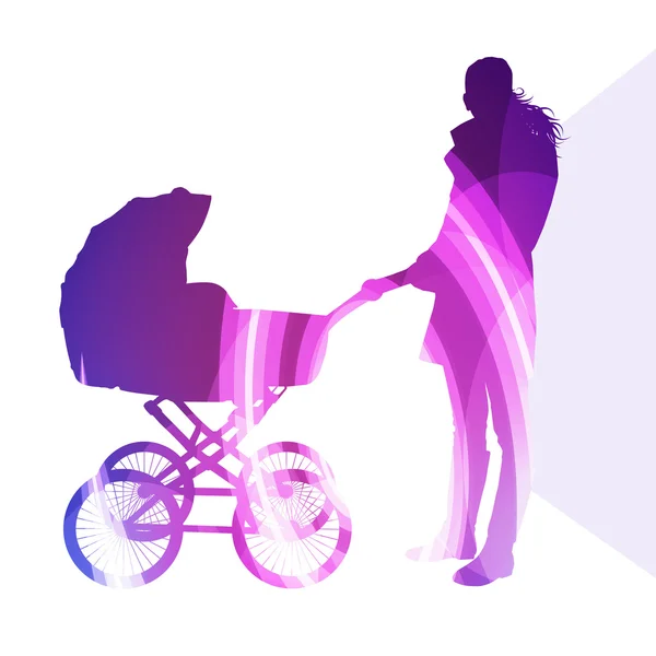 Mère avec poussettes bébé, chariot marche femme silhouette il — Image vectorielle