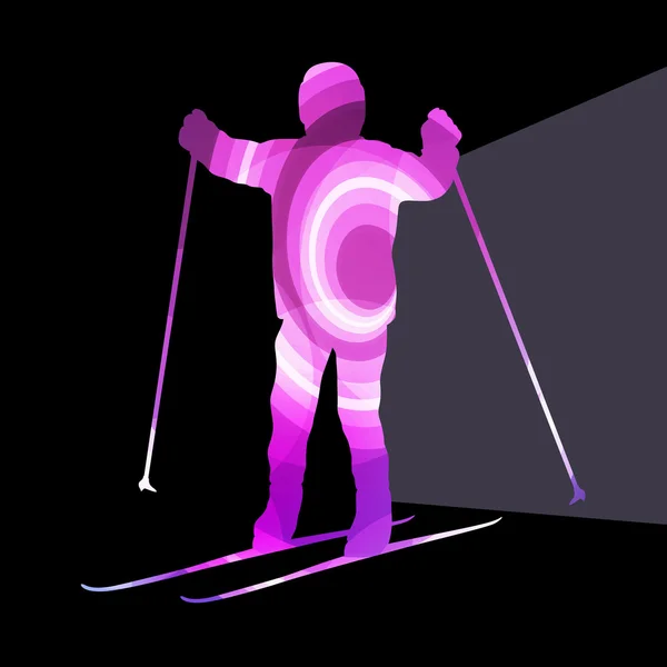 Activo niño esquí silueta ilustración vector fondo colo — Vector de stock