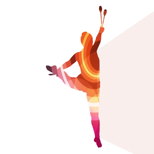 Moderne Rhythmische Sportgymnastik junge Frau mit Keulen in der Akrobatik — Stockvektor