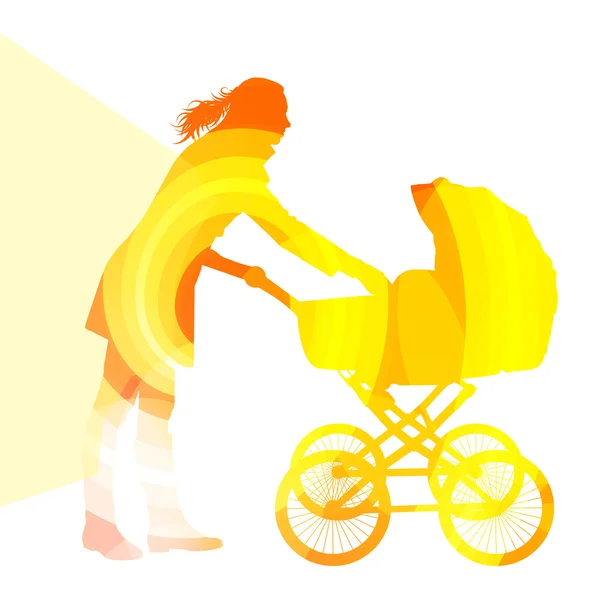 Mother with baby strollers, carriage walking woman silhouette il — Stock Vector