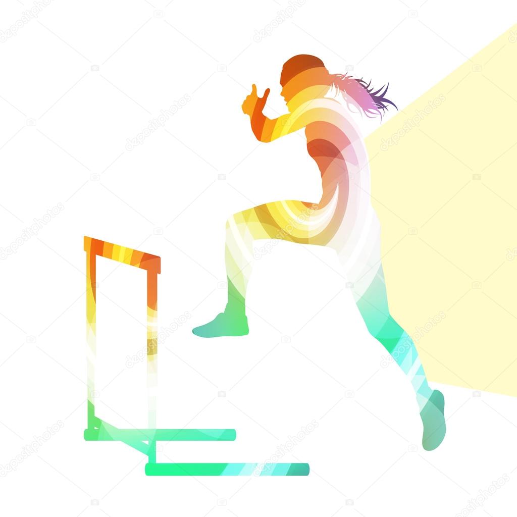 Female athlete clearing hurdle, race silhouette illustration, ve