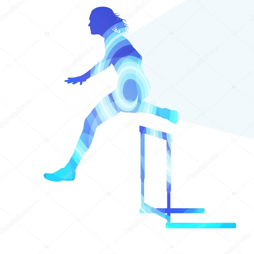 Female athlete clearing hurdle, race silhouette illustration, ve