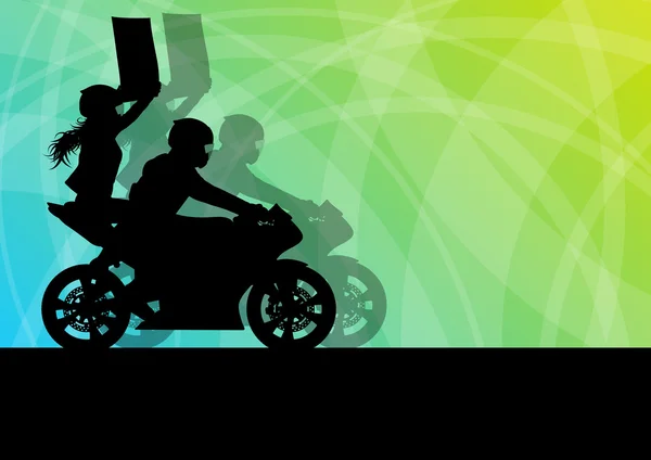 Rendimiento de la motocicleta extrema acrobacia conductor hombre y mujer vector — Vector de stock