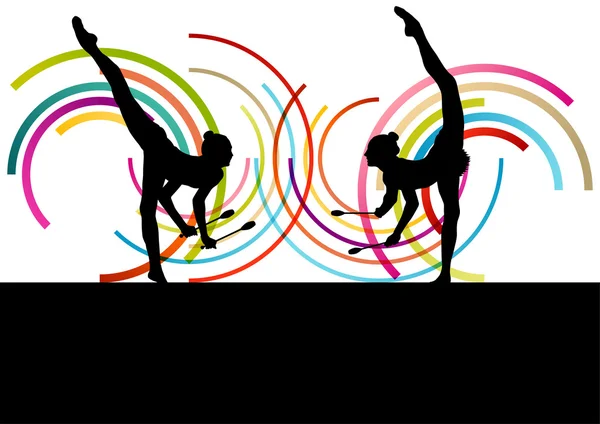Female woman modern rhythmic gymnastics art with Indian clubs ve — Stock Vector