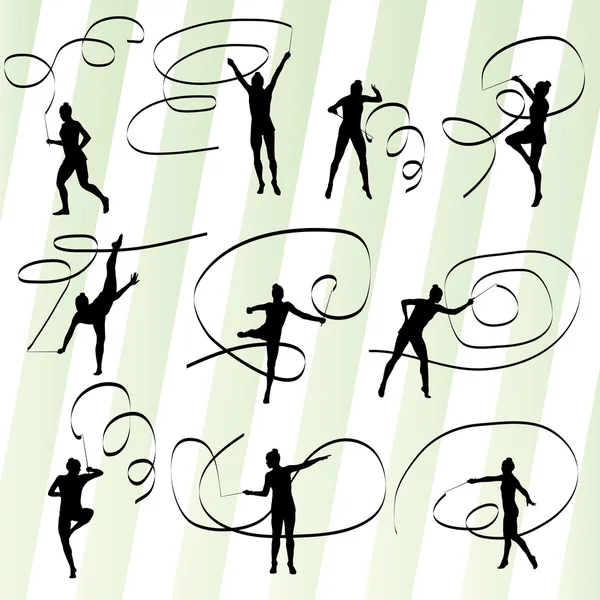 Kid girl with ribbon rhythmic gymnastics vector background — ストックベクタ