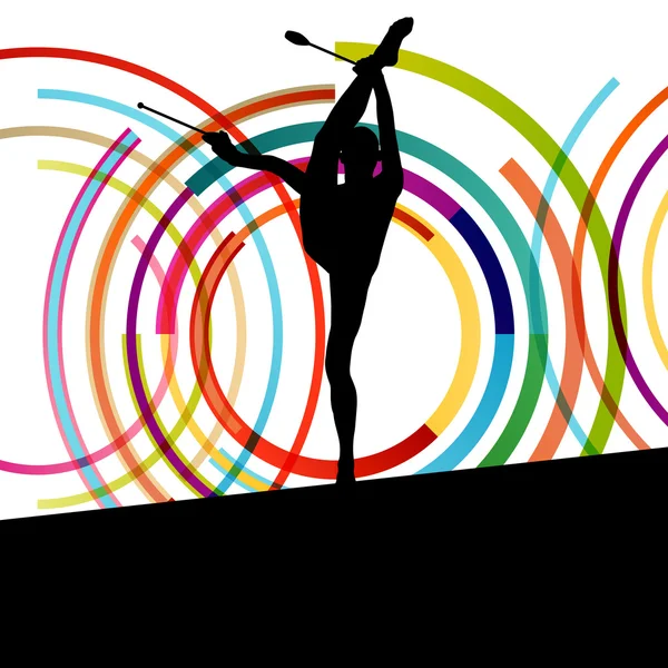 Female woman modern rhythmic gymnastics art with Indian clubs ve — Stock Vector