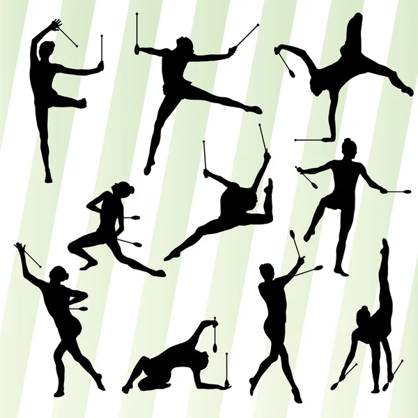 Kvinnlig kvinna moderna rytmisk gymnastik konst med indiska klubbar ve — Stock vektor