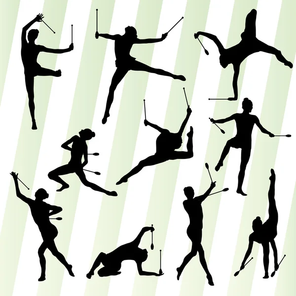 Mujer moderna gimnasia rítmica arte con clubes indios ve — Vector de stock