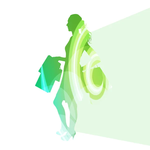 Mujer con bolsas de compras silueta ilustración vector backgrou — Vector de stock