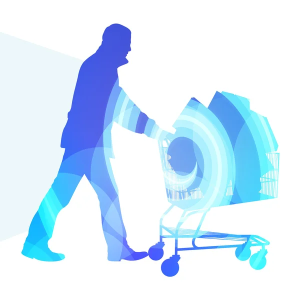 Homem com carrinho de compras cheio de sacos silhueta ilustração vect — Vetor de Stock