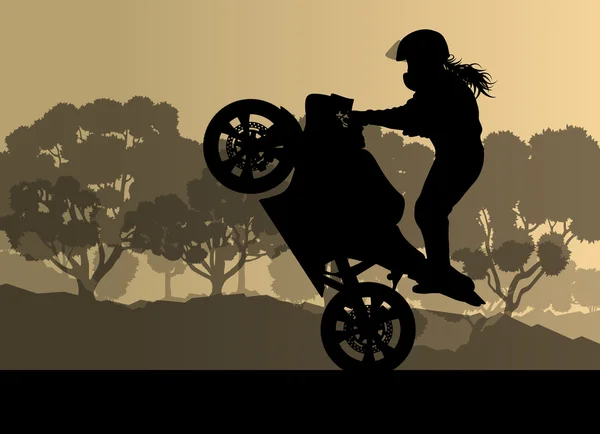 Motorcycle performance extreme stunt driver woman vector backgro Stock Vector