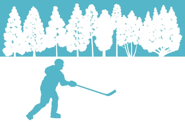 Jugador de hockey sobre hielo en invierno paisaje vector fondo — Vector de stock