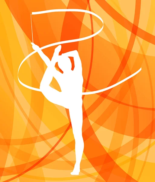 Silueta de gimnasta chica arte gimnasia con cinta abstracta c — Vector de stock