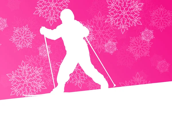Kid skiën jonge skiër skiën winter achtergrond concept met sno — Stockvector