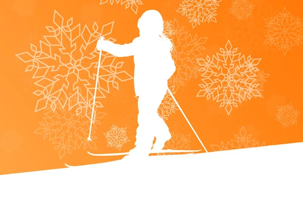 Kid skiën jonge skiër skiën winter achtergrond concept met sno — Stockvector