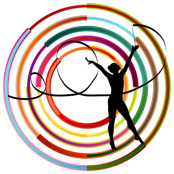 Silueta de gimnasta chica arte gimnasia con cinta abstracta c — Vector de stock