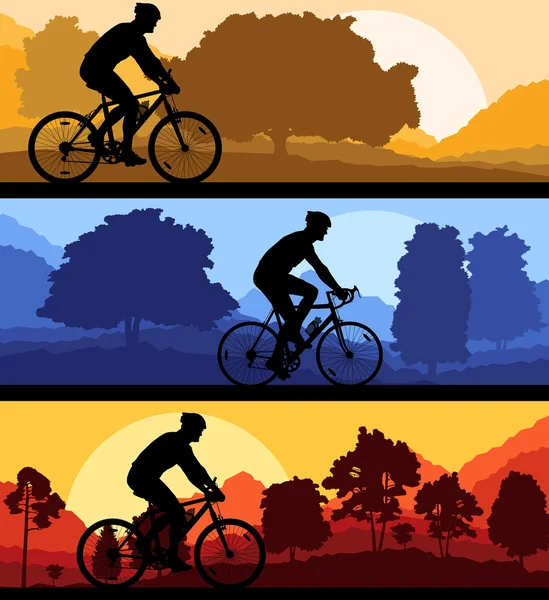 Bicyclist riding bicycle background silhouette vector illustrati — Stock Vector