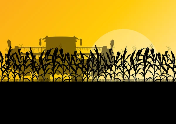 Corn field harvesting with combine harvester yellow abstract rur — Stock Vector