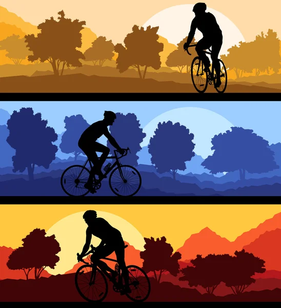 Bicyclist riding bicycle background silhouette vector illustrati — Stock Vector