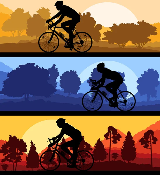 Fietser rijden fiets achtergrond silhouet vector illustrati — Stockvector