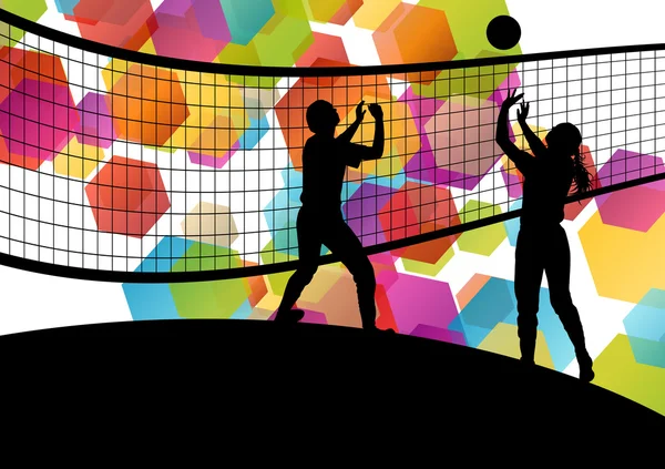 Volleyball player silhouettes in sport abstract vector backgroun — Stock Vector