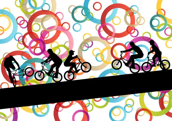 儿童极端骑自行车的人年轻和积极的人运动 silhouett — 图库矢量图片