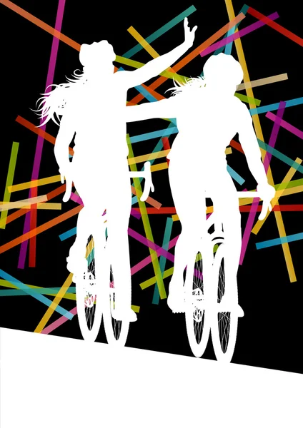 Cycling man and woman in abstract sport vector concept backgroun — Stock Vector