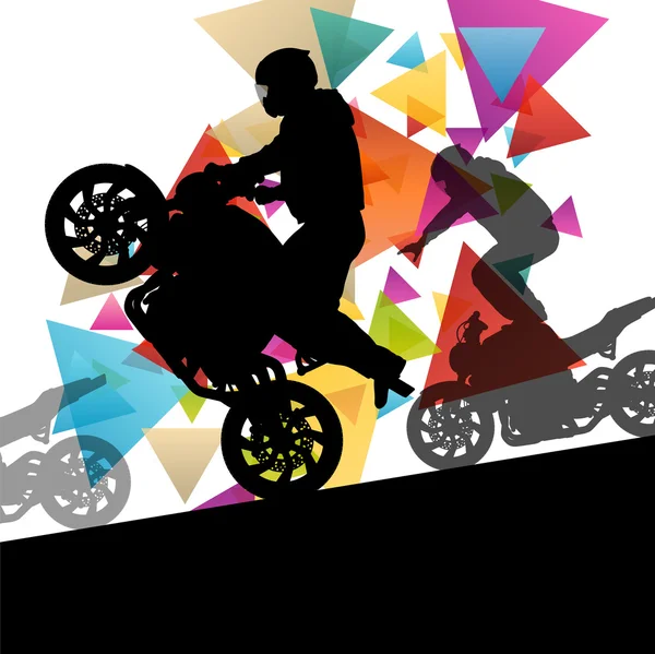 Motocicleta rendimiento extremo conductor de acrobacias hombre y mujer en abs — Vector de stock