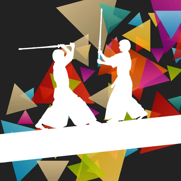 Силуэт активных японских бойцов боевых искусств с мечом кендо — стоковый вектор