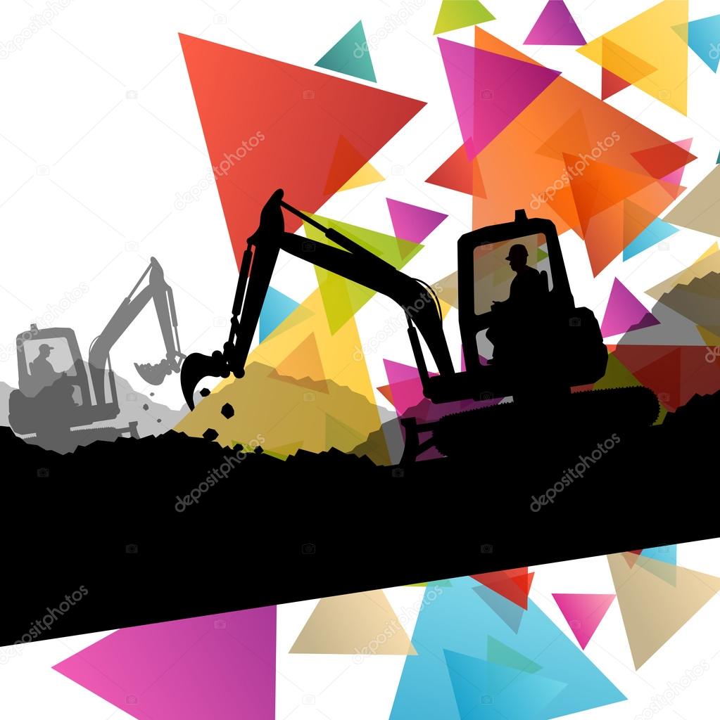 Construction site excavators and diggers with tractors and bulld