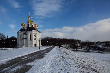 Chernihiv Catherine Kilisesi ile parkta kış
