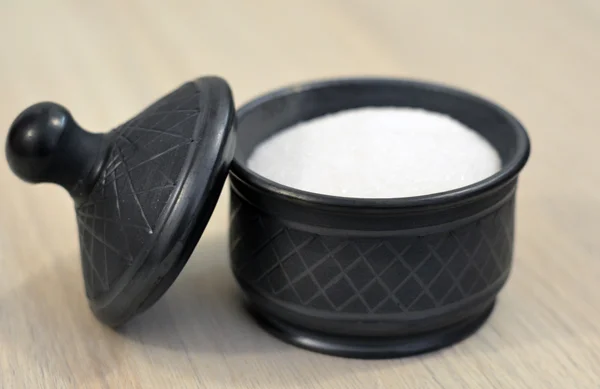 Black pottery sugar bowl with lid open — Stock Photo, Image